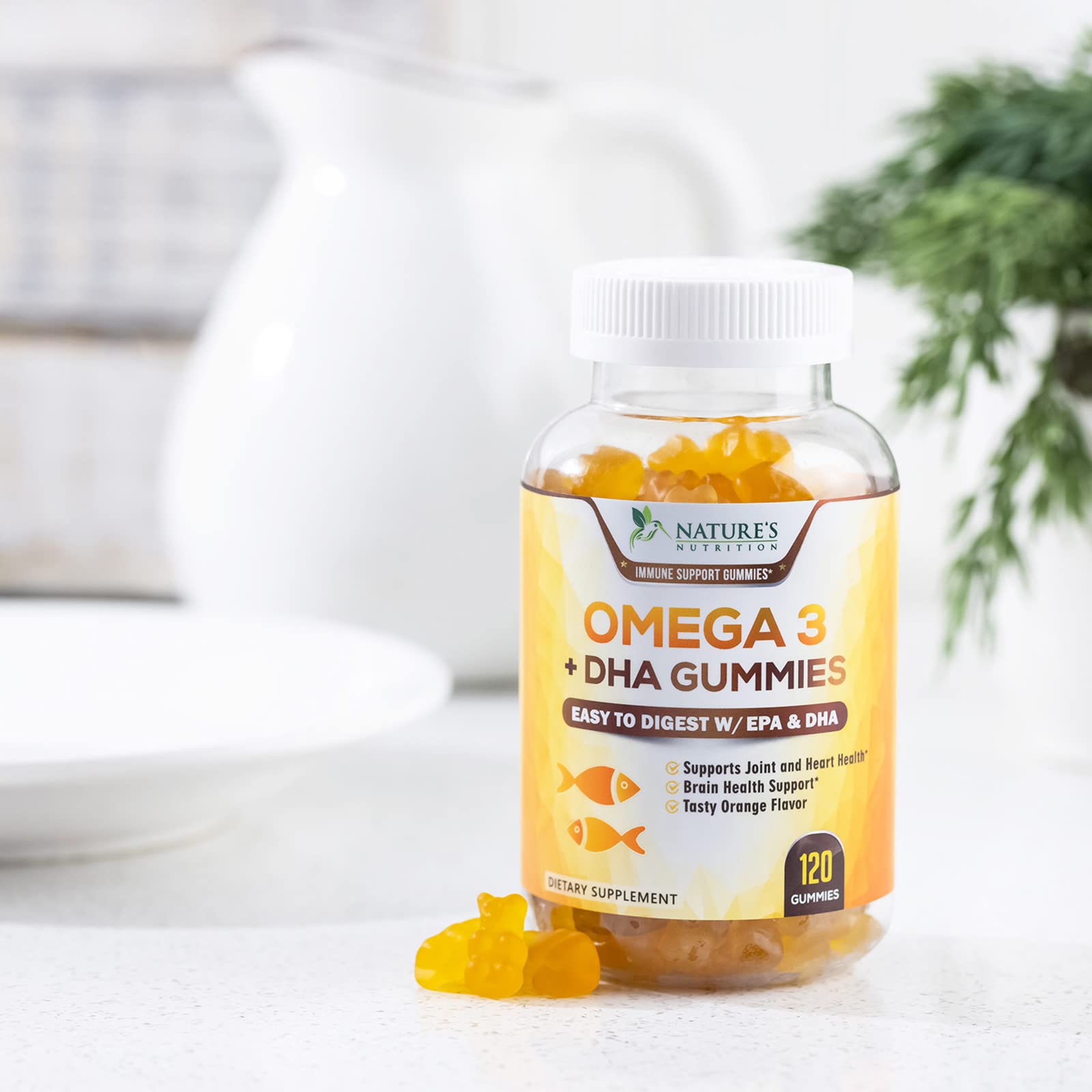 Omega 3 Fish Oil Gummies, Heart Healthy Omega 3 Gummy Supplement with High Absorption DHA & EPA, Extra Strength Joint & Brain Support, Delicious Orange Flavor Fish Oil Nature's Vitamin - 120 Gummies