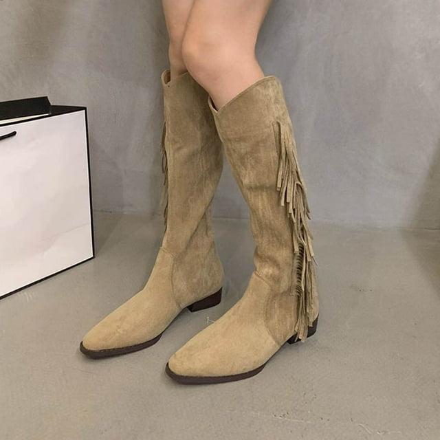 Aqestyerly Bottes pour Femmes Chaussures d'Hiver Bottes Cavalières Hautes à Lacets Franges d'Hiver Talon Bas Bottes Hautes