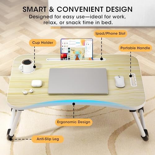 Folding Lap Desk, 23.6 Inch Wood Laptop Bed Desk with Cup Holder, Portable Bed Table for Working Writing Reading & Eating for Bed, Sofa, Couch, Floor - Beige