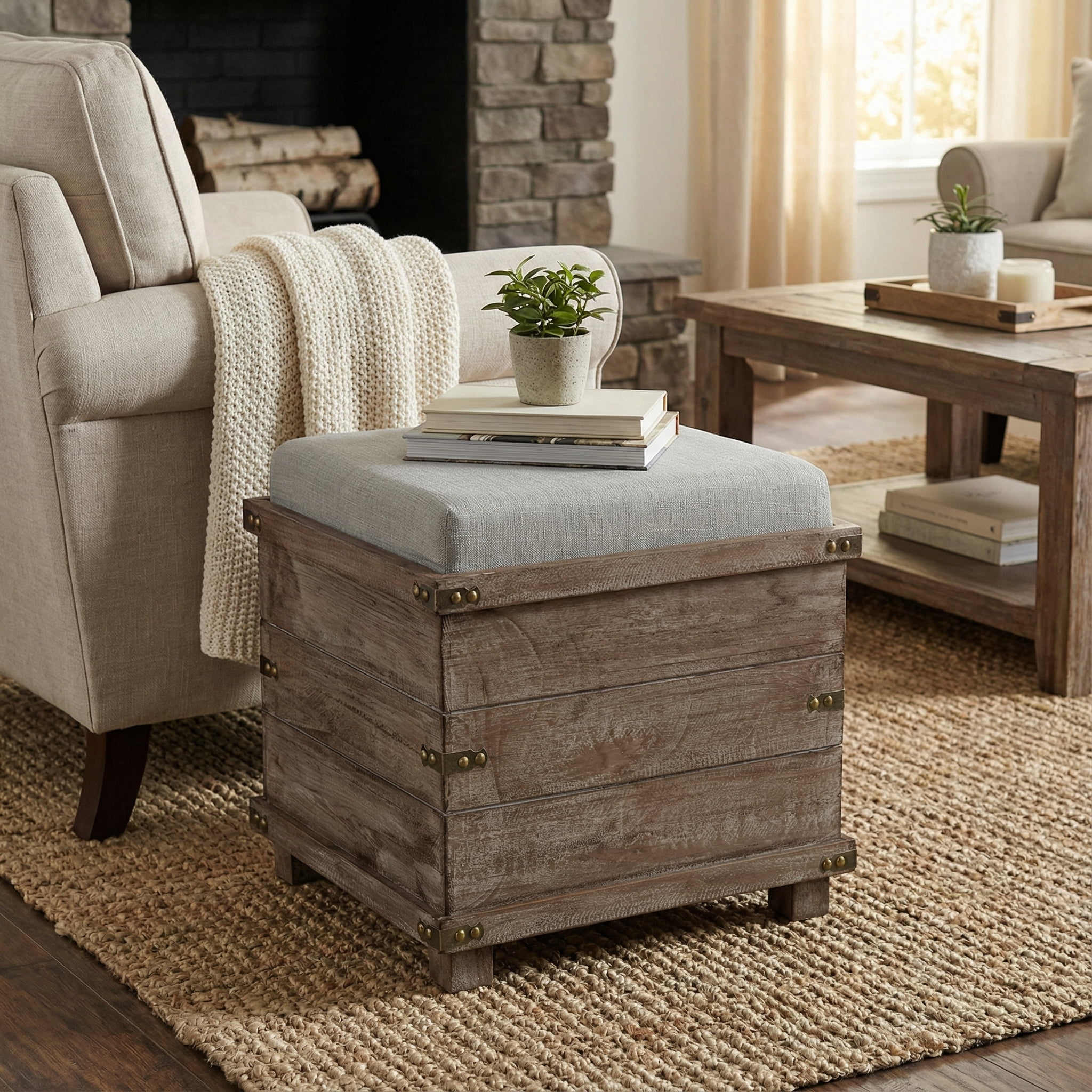 Cortesi Home Scusset Storage Chest Tray Ottoman in Fabric and Wood, Grey