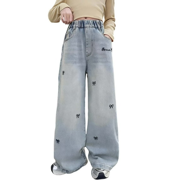 Babcutegg Kid Girls Jeans Side Pockets High Waist Trendy Straight Leg Stretchy Fall and Winter Trousers for Girls Blue Size 10-11