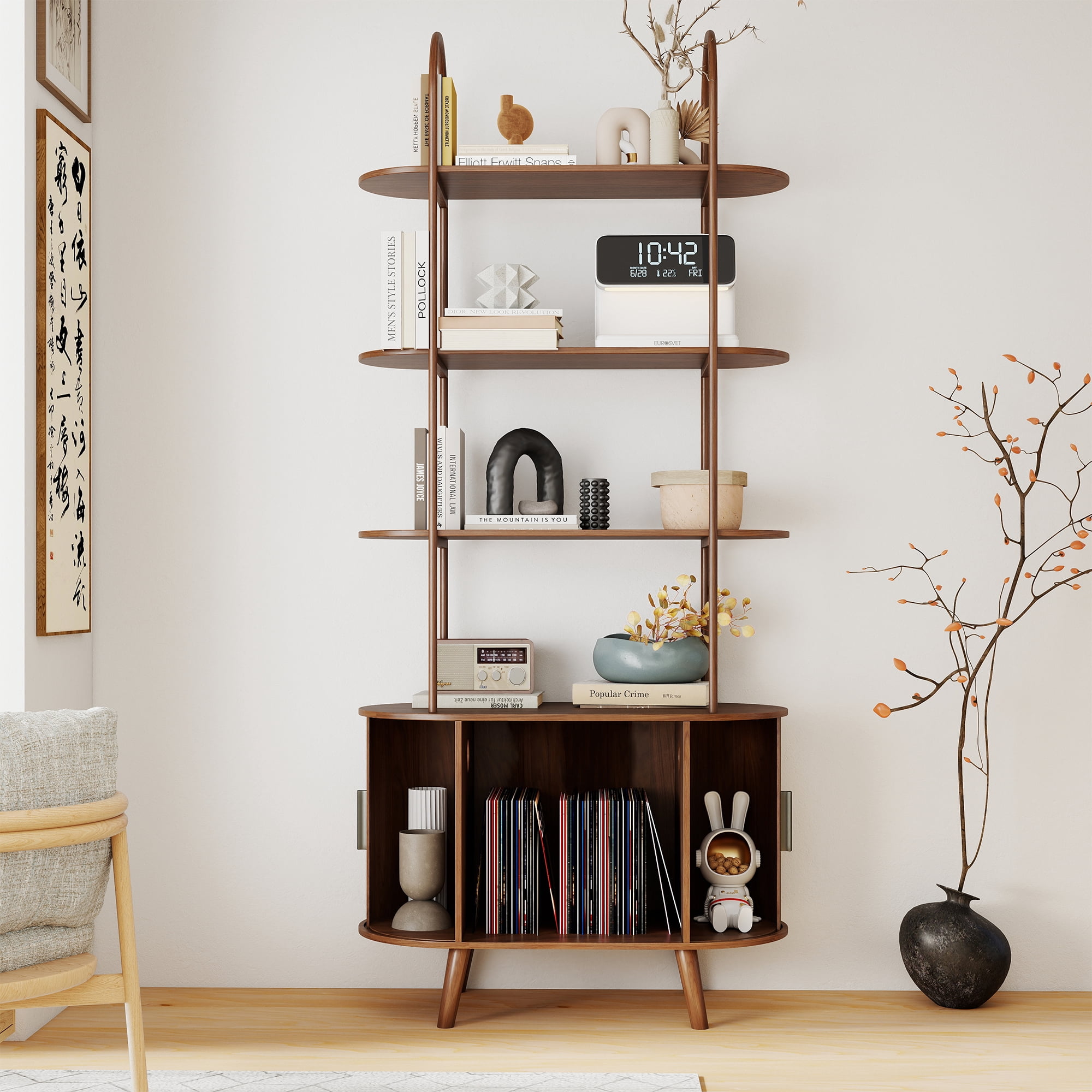 68.9" Tall Arched Bookshelf with with Sliding Tambour Doors, 4-Tier Open Display Storage Shelf, Vinyl Record Player Stand for Home Office, Living Room, Walnut