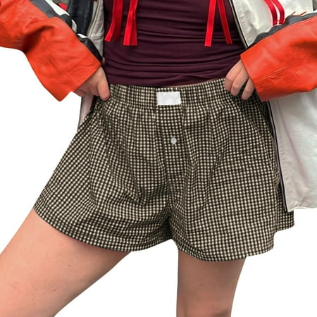 YDKZYMD Womens Shorts Athletic Striped Plaid Button Front Y2k Sleepwear with Pocket Elastic Low Waisted Summer Shorts Casual Bloomers Pajamas Coffee M