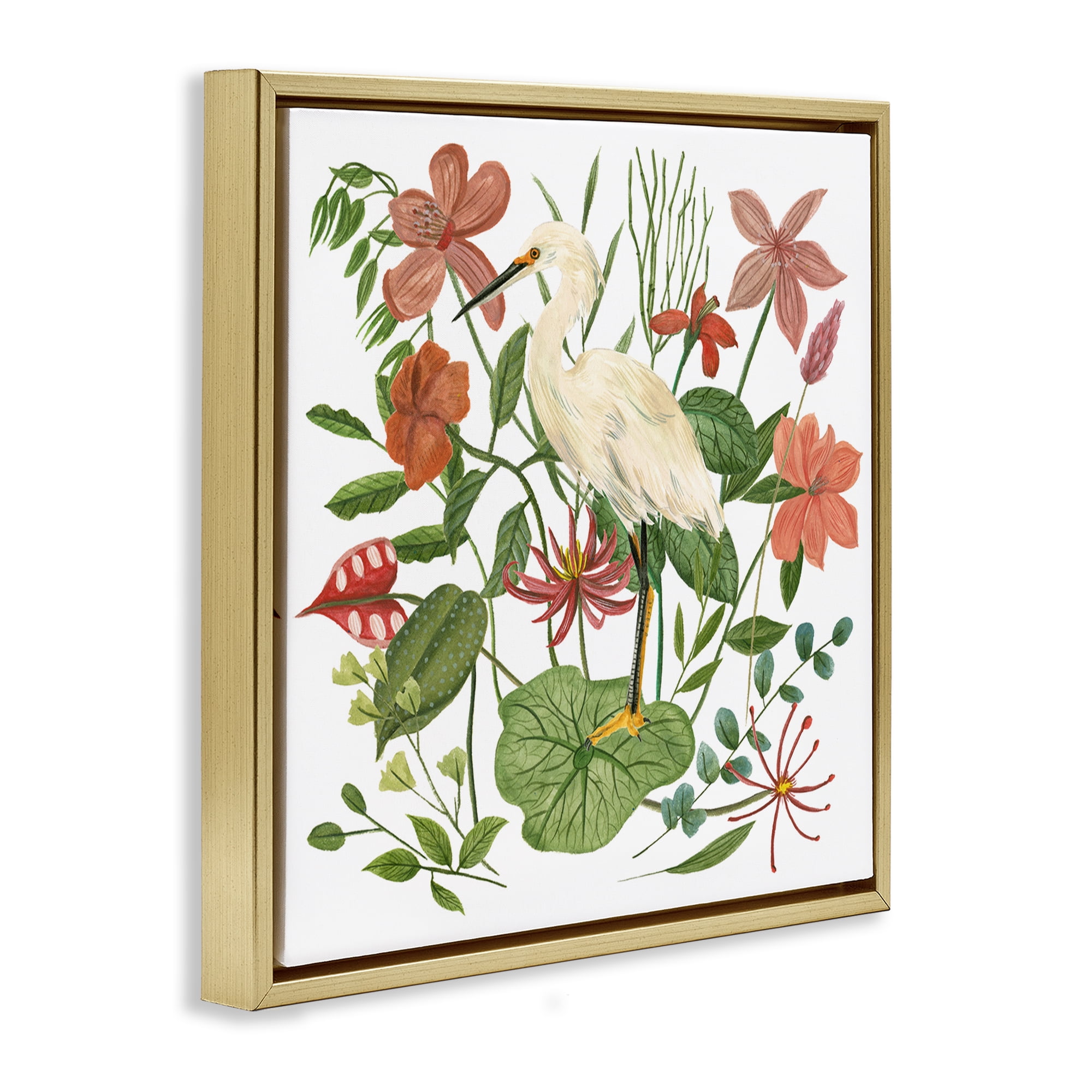 Stupell Industries Heron with Wild Florals Landscape Painting Gold Floater Framed Canvas Art Print Wall Art, 25 x 25
