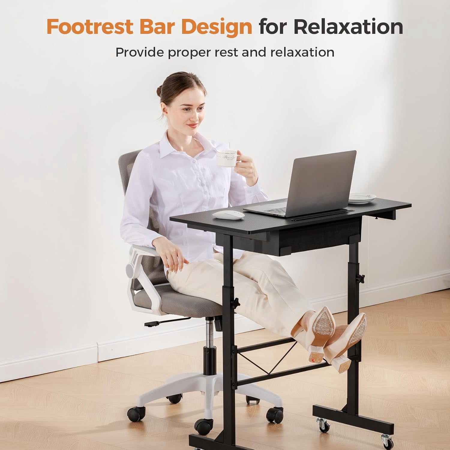Small Standing Desk Adjustable Height with Wheels and Drawer, 32 Inch Portable Computer Workstation for Home Office