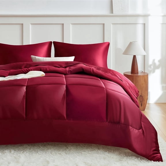 MR&HM Reversible Satin Microfiber Comforter 3 Pieces Queen Size, Burgundy Queen Comforter Set for All Seasons, Silky Soft Satin Comforter for Hair and Skin, with Satin Pillowcases Set of 2