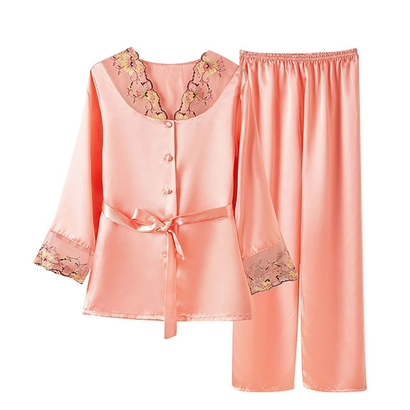 FAIWAD Womens Satin Pajamas Set Long Sleeve Lace Embroidery Button Shirts and Long Pants Classic Sleepwear Set