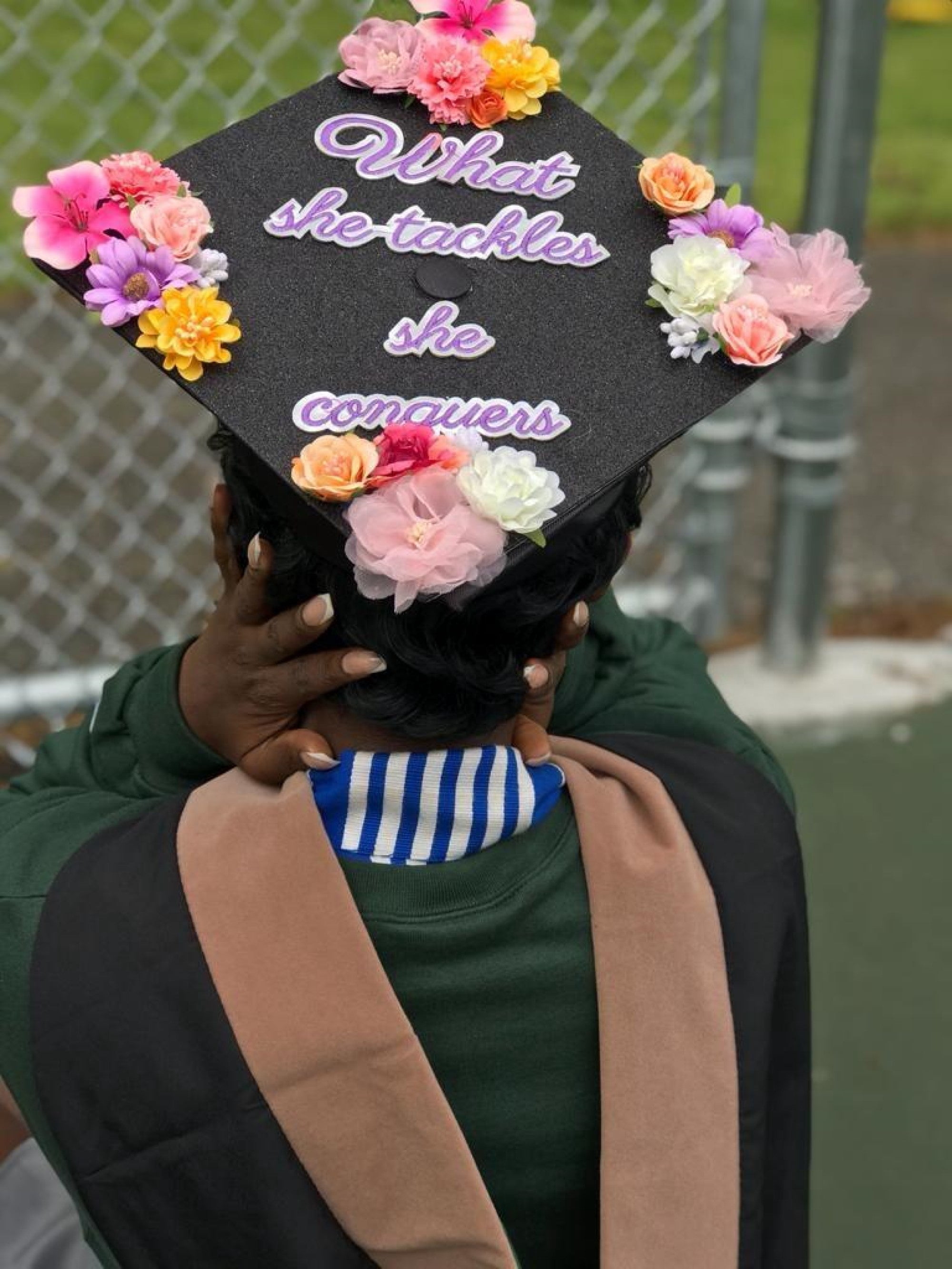 Handmade Graduation Cap Topper, Graduation Cap Decorations, What She Tackles She Conquers