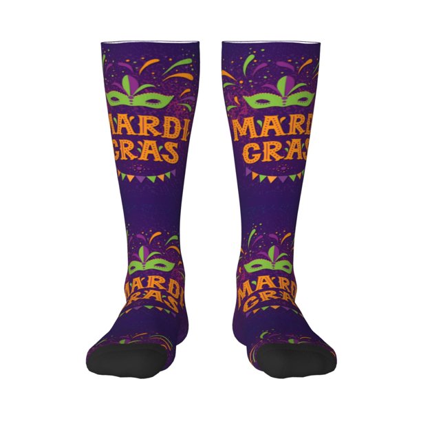 Fotbe Mardi Gras2 Calcetas Divertidas Estampadas para Hombre y Mujer, Calcetas de Algodón hasta la Rodilla para Caminar, Correr, Enfermería y Embarazo