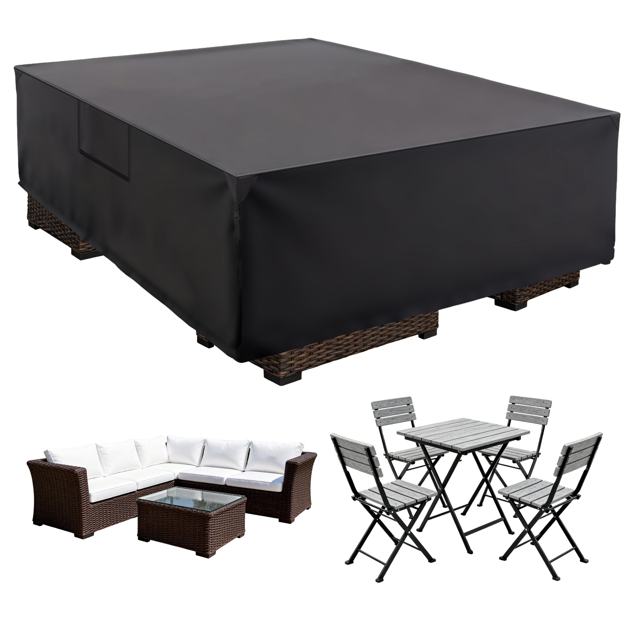 SHOUFTW Rectangular Patio Furniture Cover, 600D Waterproof Outdoor Dining Table & Chair Cover, Heavy Duty, Black