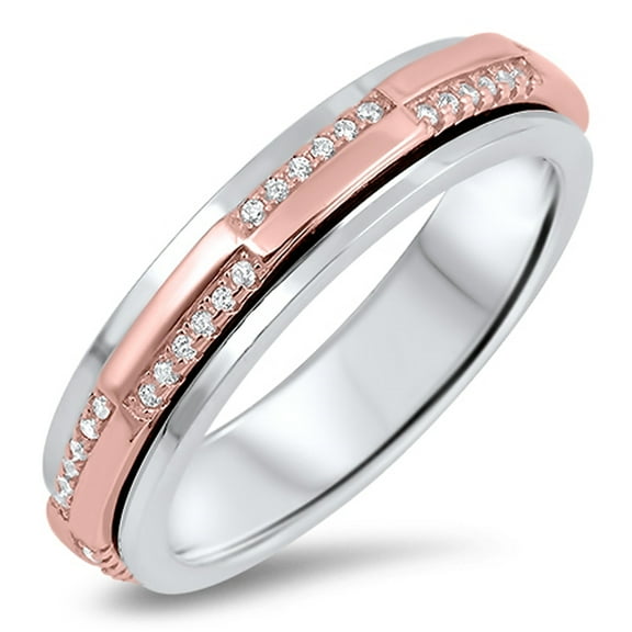 Rose Gold-Tone White CZ Spinner Wedding Ring 925 Sterling Silver Band Jewelry Female Size 6