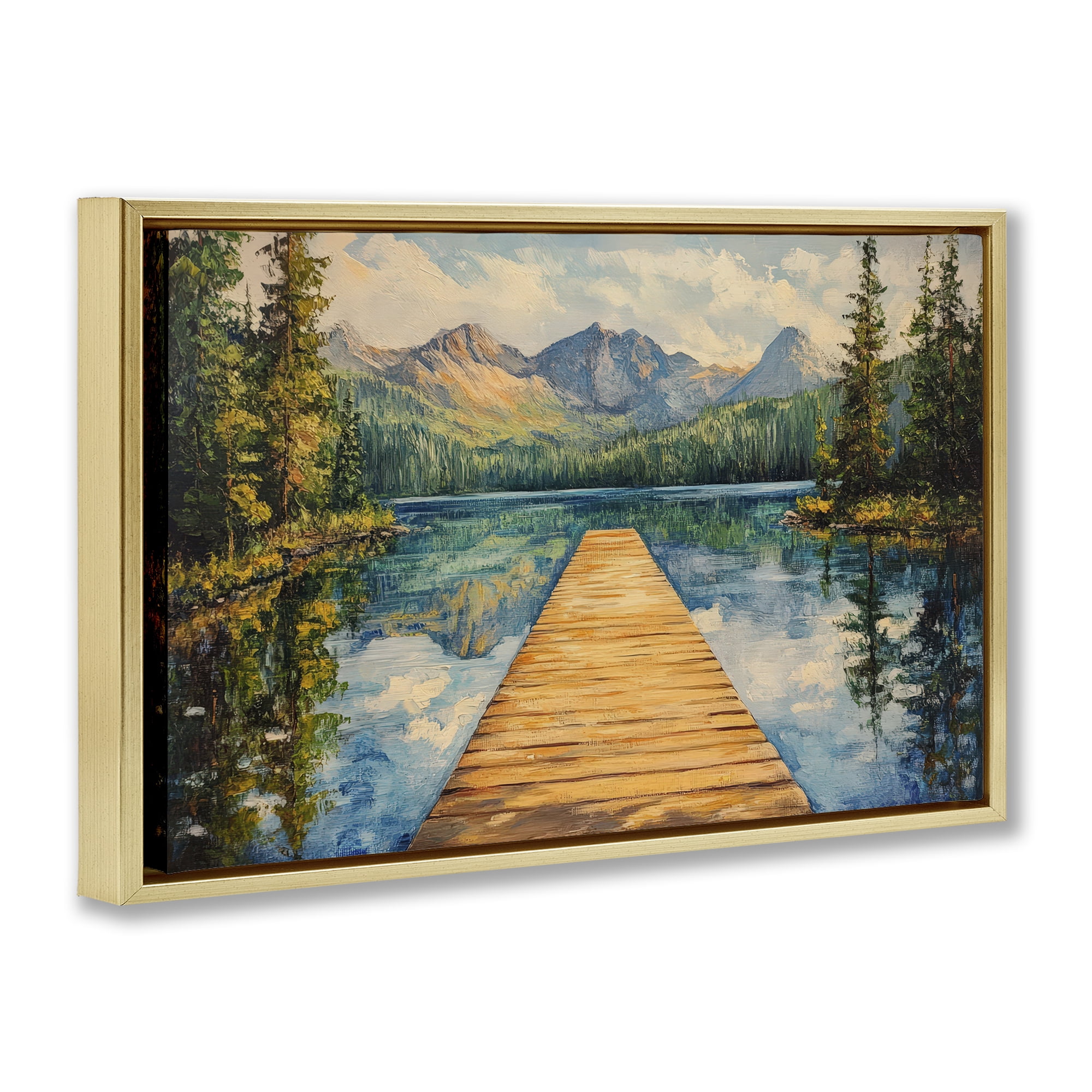 Stupell Industries Dock in The Mountains Gold Framed Floater Canvas Wall Art, design by Petal Prints Design