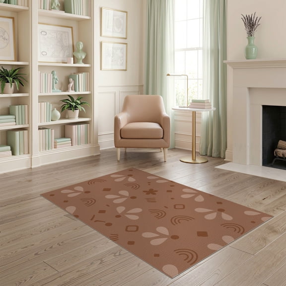 ODIKA 4'x6' Warm Earthy Tones Geometric Delight Washable Area Rug Playful Abstract Motif with Retro Charm for Dorm Room, Small Living Stain Resistant Low Profile, Easy Care