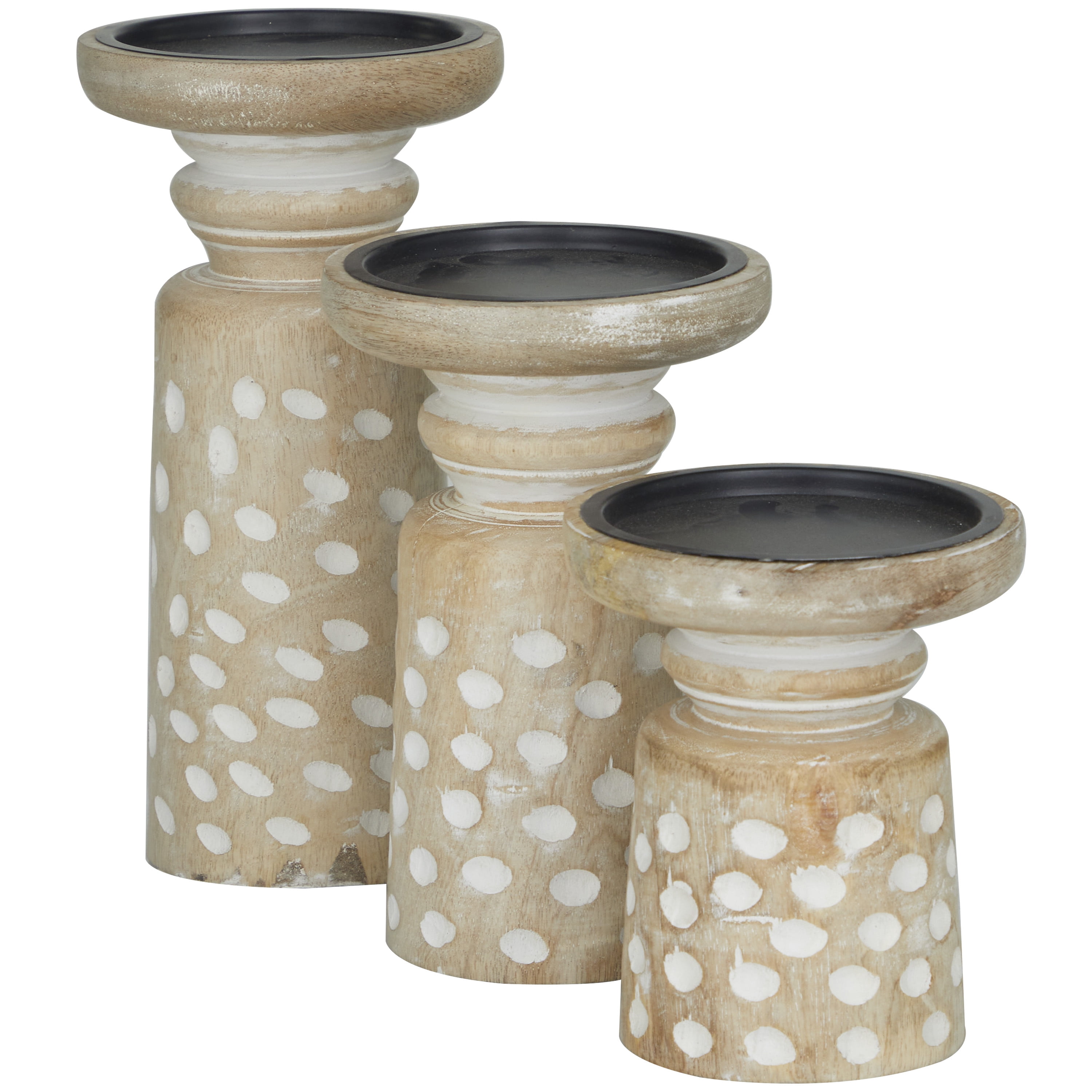 DecMode 3 Candle Light Brown Mango Wood Round Carved Dotted Pillar Candle Holder, Set of 3