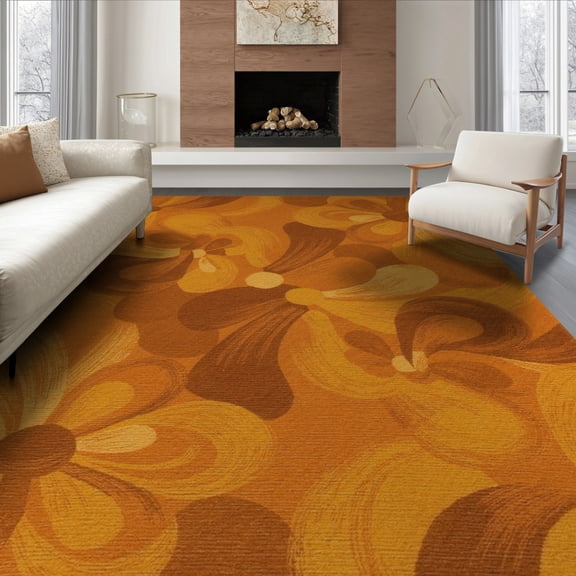 ODIKA 8'x10' Washable Area Rug Non-Slip Chair-Friendly Mat Orange Mid Century Asymmetrical Shapes Vintage Decorative Tone for Dining Room, Large Office, Lounge
