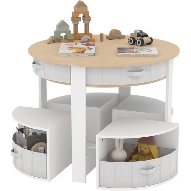 Kids Table and Chair Set, 5 Pieces Wooden Round Nesting Design Children Multi-Activity Table With 4 Storage Stools & 4 Fabric Drawers, Toddler Table and Chair Set for Play/Art/Reading/Craft