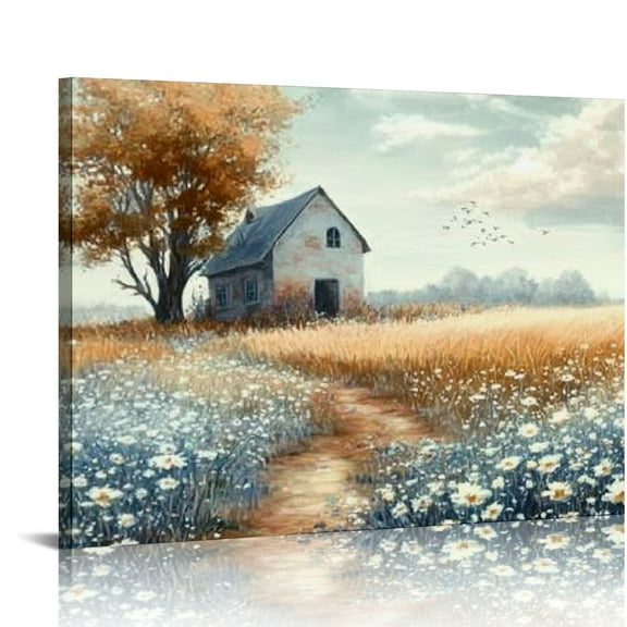 FCXZI  Rustic Farmhouse Canvas Wall Art Beautiful Field Painting Wildflower Barn Print Nature Scenery Picture French Countryside Poster for Bathroom Bedroom Living Room Office Wall Decor  16x12in
