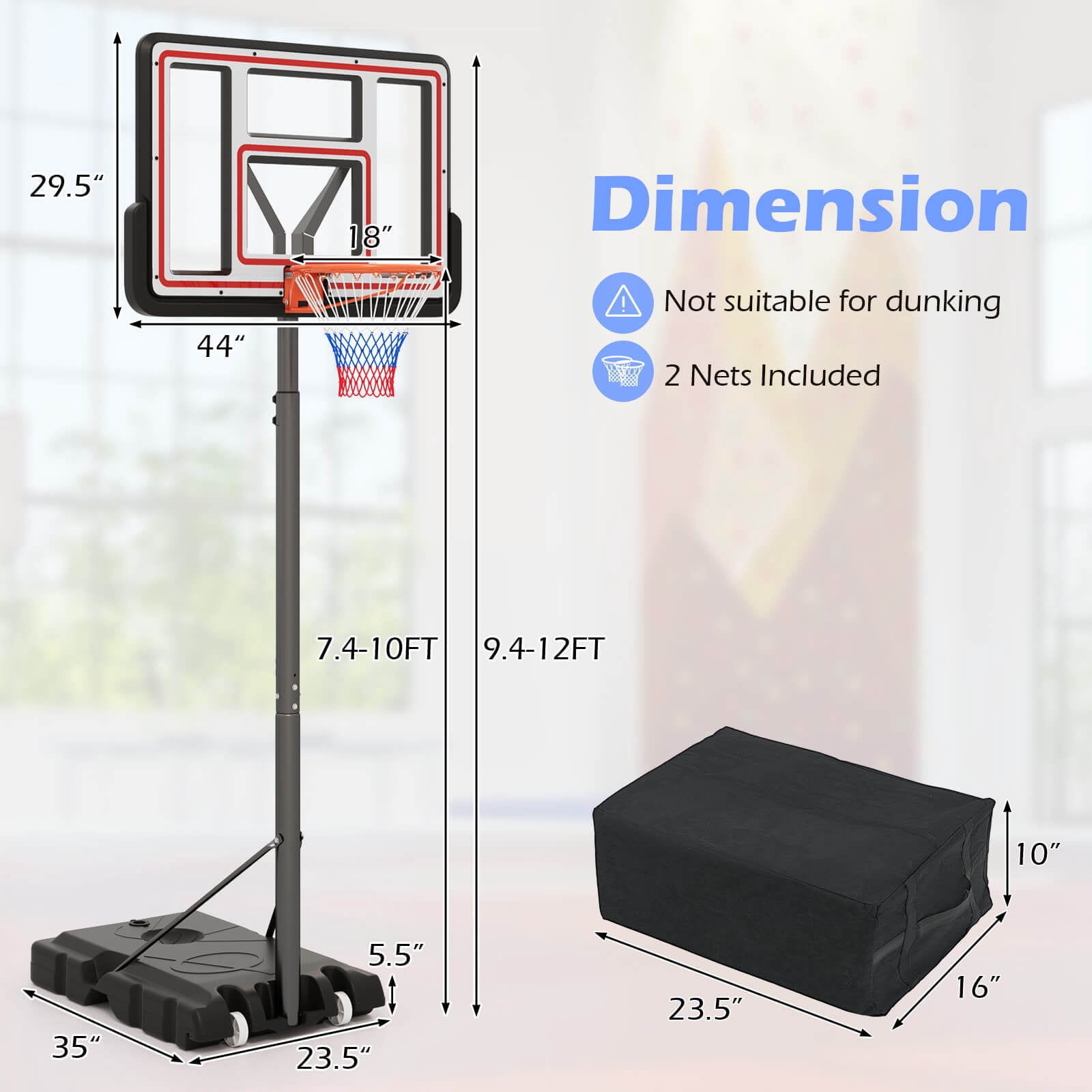 Infans 7.4-10 FT Basketball Hoop Outdoor System w/ 44 Inch Shatterproof PC Backboard