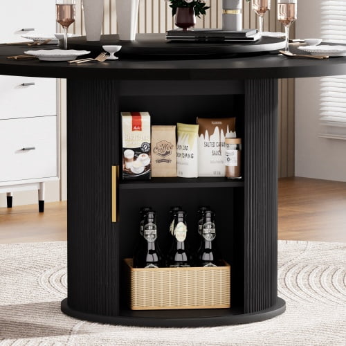 55-Inch Round Black Dining Table for 6 with Rotating Tray & Double-Tier Storage, Wooden Wavy-Striped Sliding Doors, Modern Farmhouse Style