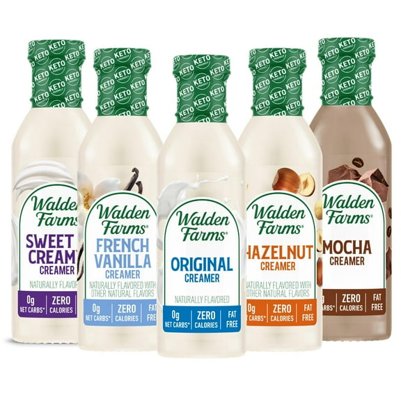 Walden Farms Coffee Creamers Calorie Free, Dairy Free, Carb Free And Vegan Pack Of 5 (Original Cream - Sweet Cream - Mocha- Hazelnut & French Vanilla) Packaging May Vary