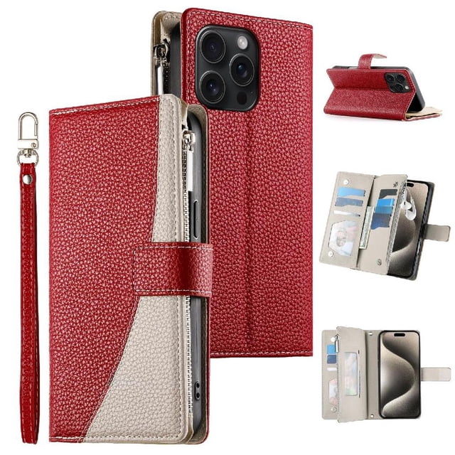 Funda cartera GANGXUN para iPhone 15 Pro Max , cuero PU con tarjetero, cremallera, correa de mano, soporte y protección 881°
