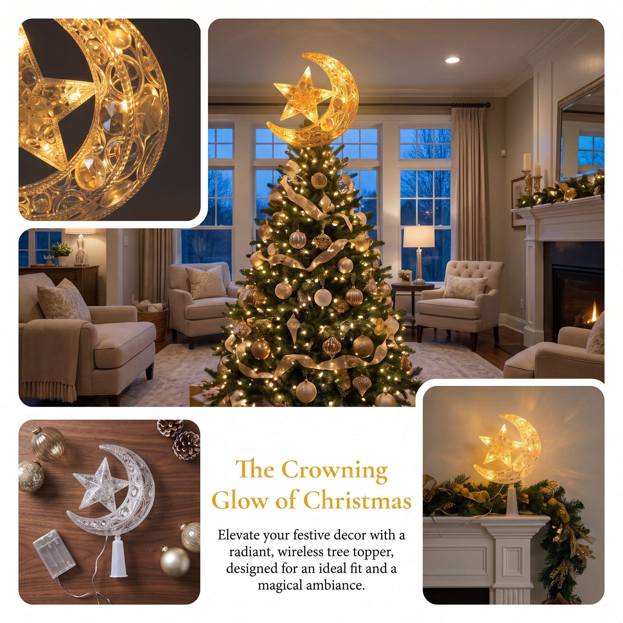 Unique Bargains Tree Finial Battery Operated Spring Mount Moon Warm White Lights 7.9"