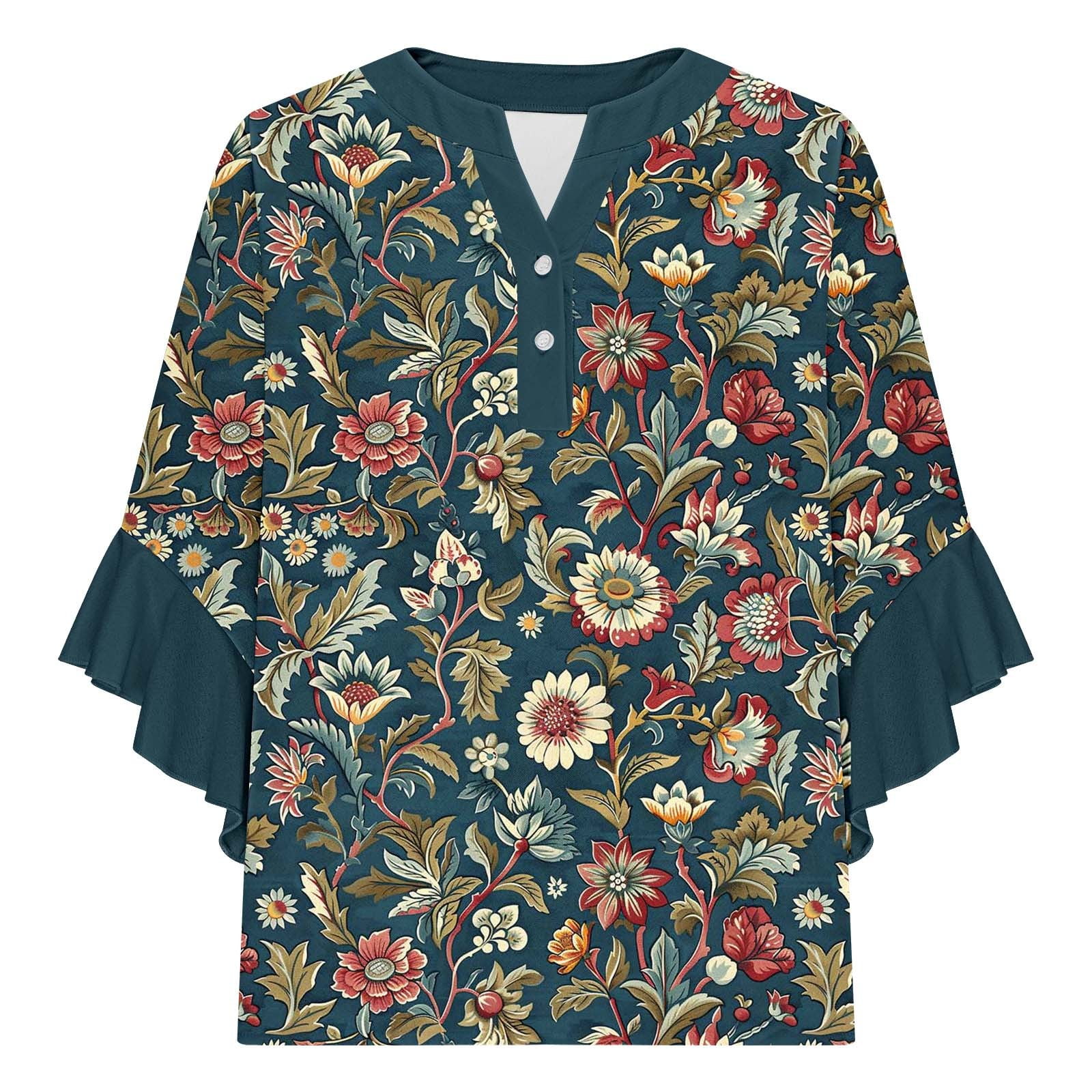 Women Boho Floral Print Blouses with 3/4 Flowy Ruffle Sleeves V Neck Half Button Down Shirt for Summer Beach Vacations