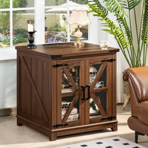 Buildhom 24" Farmhouse End Table with Charging, Glass Barn Door & Adjustable Shelf, Bedside Table for Living Room, Bedroom, Brown