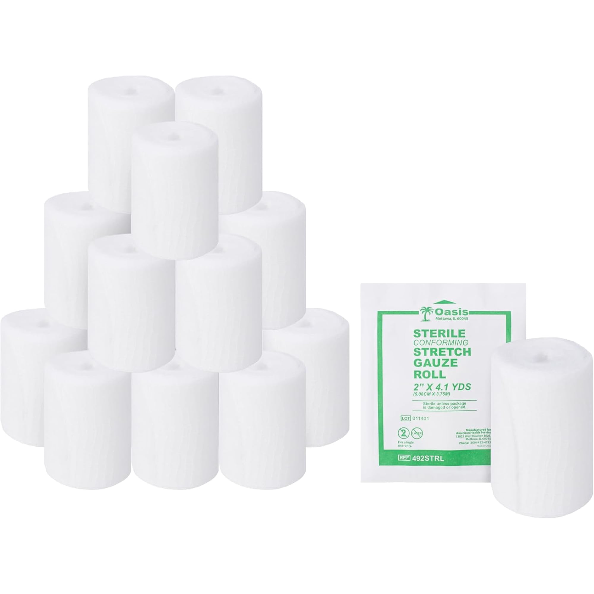 Oasis Conforming Stretch Gauze Bandage, 96 Rolls | Sterile Latex Free Rolled Gauze, Bandage Rolls for Effective Wound Care & Comfort (2" x 4.1 Yards)