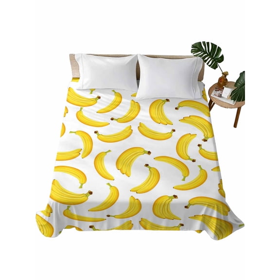 Yellow Banana Flat Sheets Only Queen Size, Soft Breathable Bed Top Sheets for Mattress, Summer Tropical Fruits Watercolor Luxury Bedding Flat Sheets for Home Hotel Bedroom Bed Protection