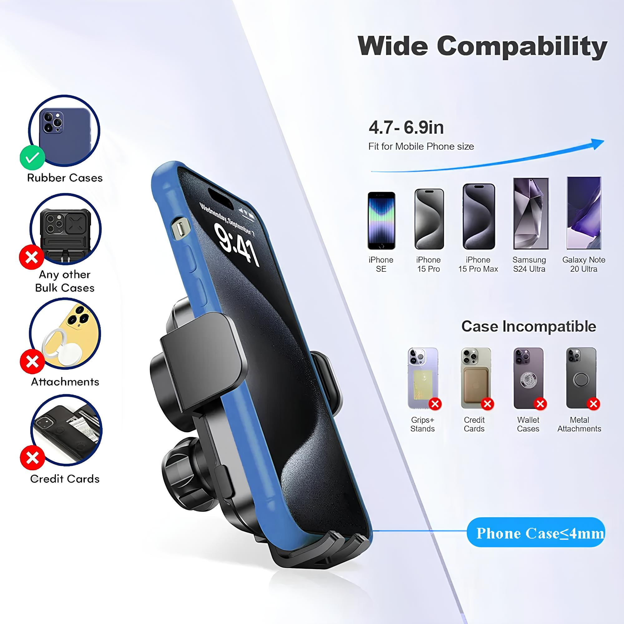 Wireless Car Charger, 15W Fast Charging Auto Clamping Car Charger Phone Mount Air Vent Phone Holder, Fit for Phone Support Wireless Charging (Width 60-90mm) iPhone, Samsung Galaxy/Ultra, Google/LG