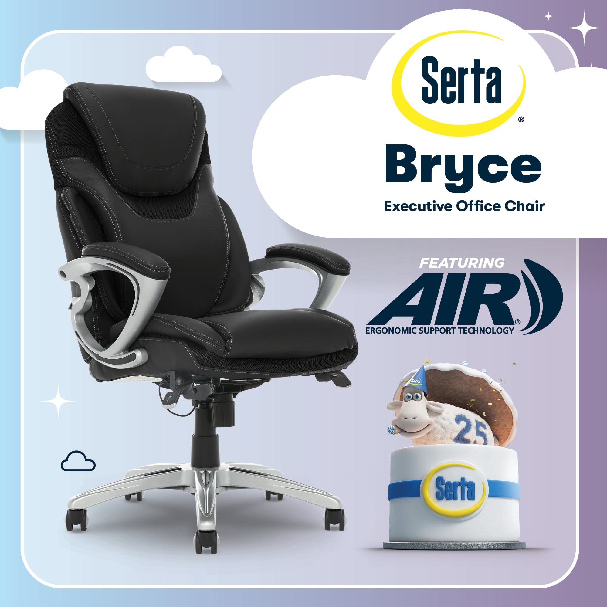 Serta Bryce Executive Office Chair - Ergonomic Computer Desk Chair with Patented AIR Lumbar Technology - Adjustable Height - Memory Foam Body Pillows - 360° Swivel Rolling Base - Bonded Leather - Bla