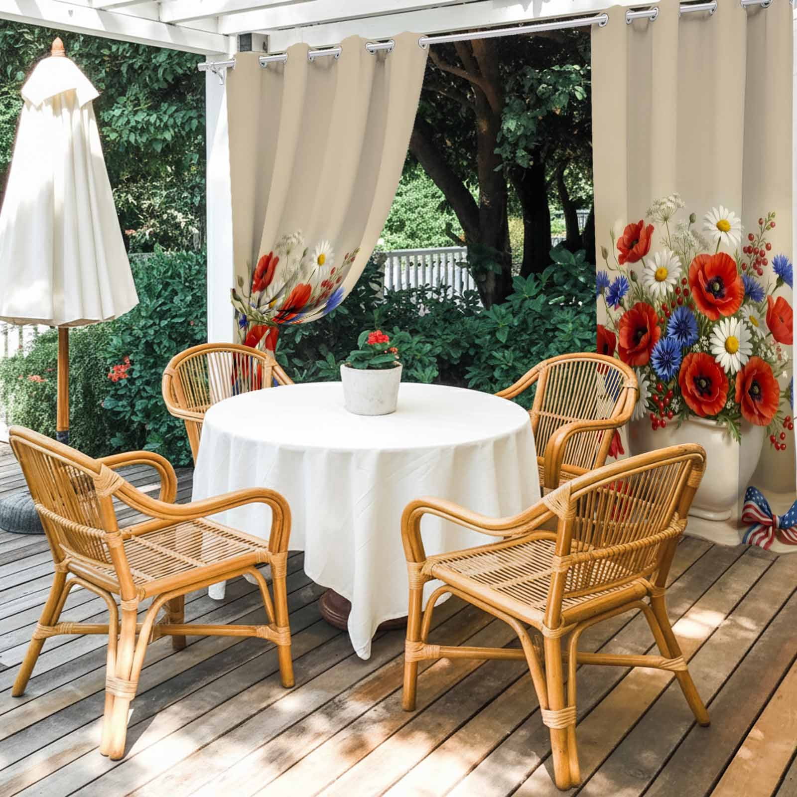 Independence Day Outdoor Curtains for Patio, Summer Red Blue White Floral Vase Sunshade Privacy Drapes Grommet Waterproof Outside Curtains for Porch/Cabana/Balcony 54"x 108", 1 Panel