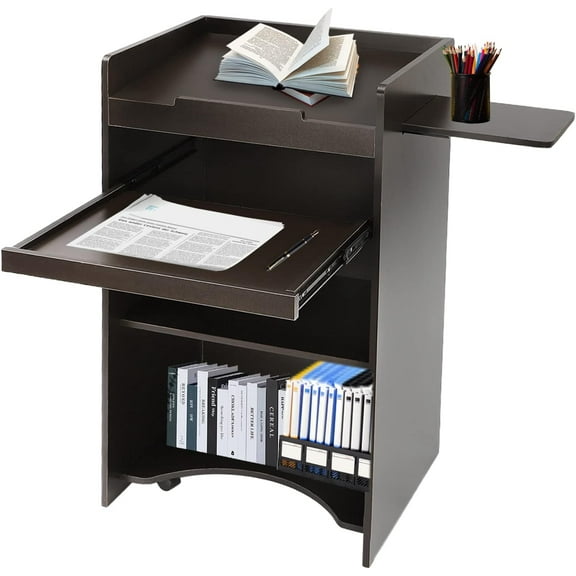 Wood Lecterns & Podium, Mobile Floor Standing Podium Speaking Lectern Wooden with Side Shelf and Keyboard Tray for Meeting Room, School, Churches, Auditorium, Classroom (Black)