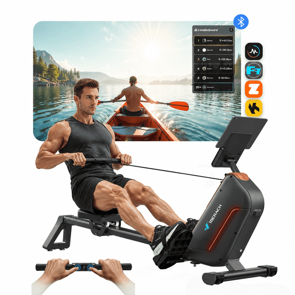 MERACH Self-Generating Electromagnetic Rowing Machine 16-Level Magnetic Resistance, Bluetooth Connectivity, Compact Design for Home Use