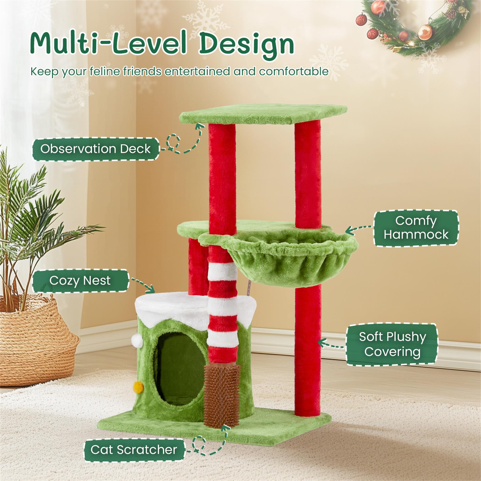 Kadyn 32" Cat Tree with Cat Massage Brush, Cat Tower with Sisal-Covered Scratching Post, Cat Condo and Hammock, for Small Spaces, Kittens, Green