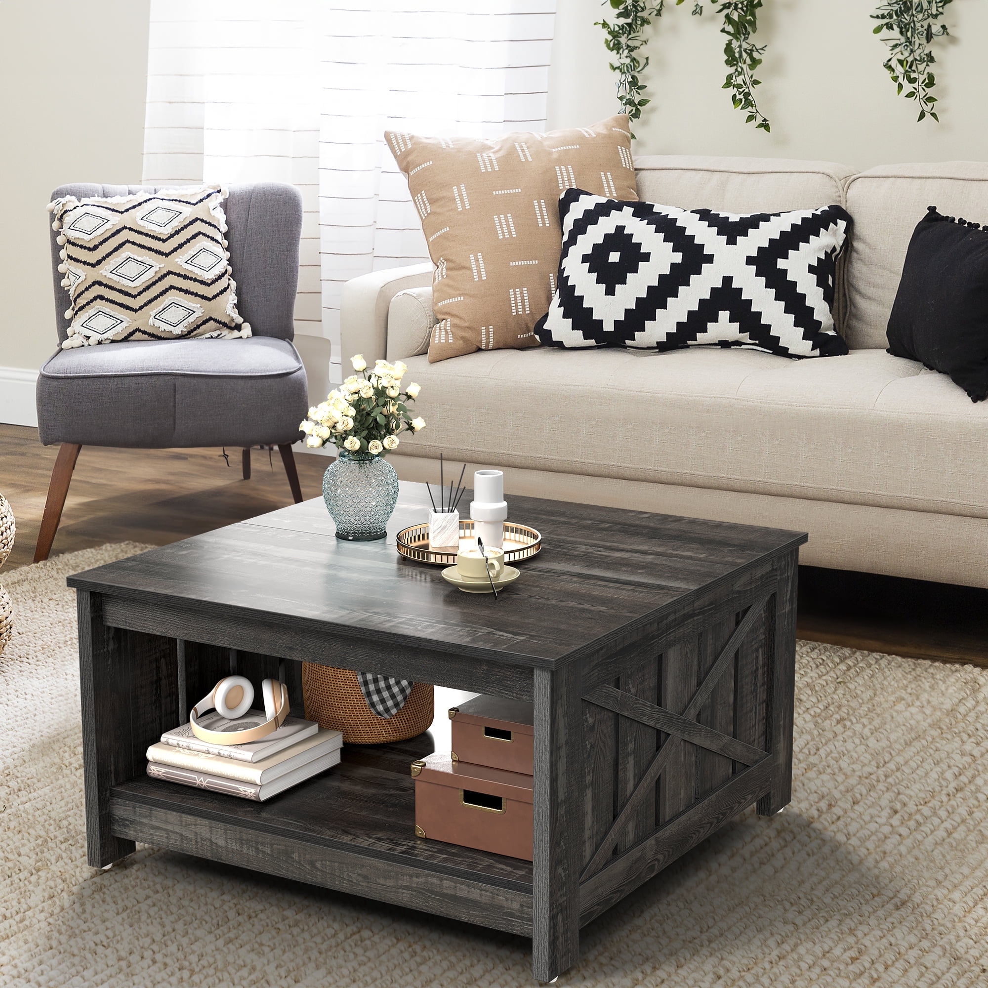 Dextrus Coffee Table with Storage, Square Wood Farmhouse Coffee Table with Barn Door for Living Room, Dark Gray