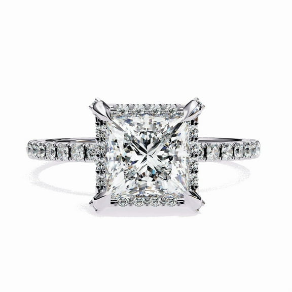 2.03 CT Princess Cut Lab Created Diamond Solitaire With Accents Diamond Ring, Halo With Pave Set wedding Ring, Promise Ring For Women