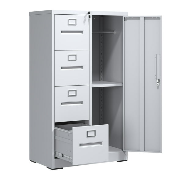 Metal Storage Vertical Filing Cabinet with Lock, Steel File Locker with 4 Drawers and 1 door for School, Living Room, Bedroom, Office (White)