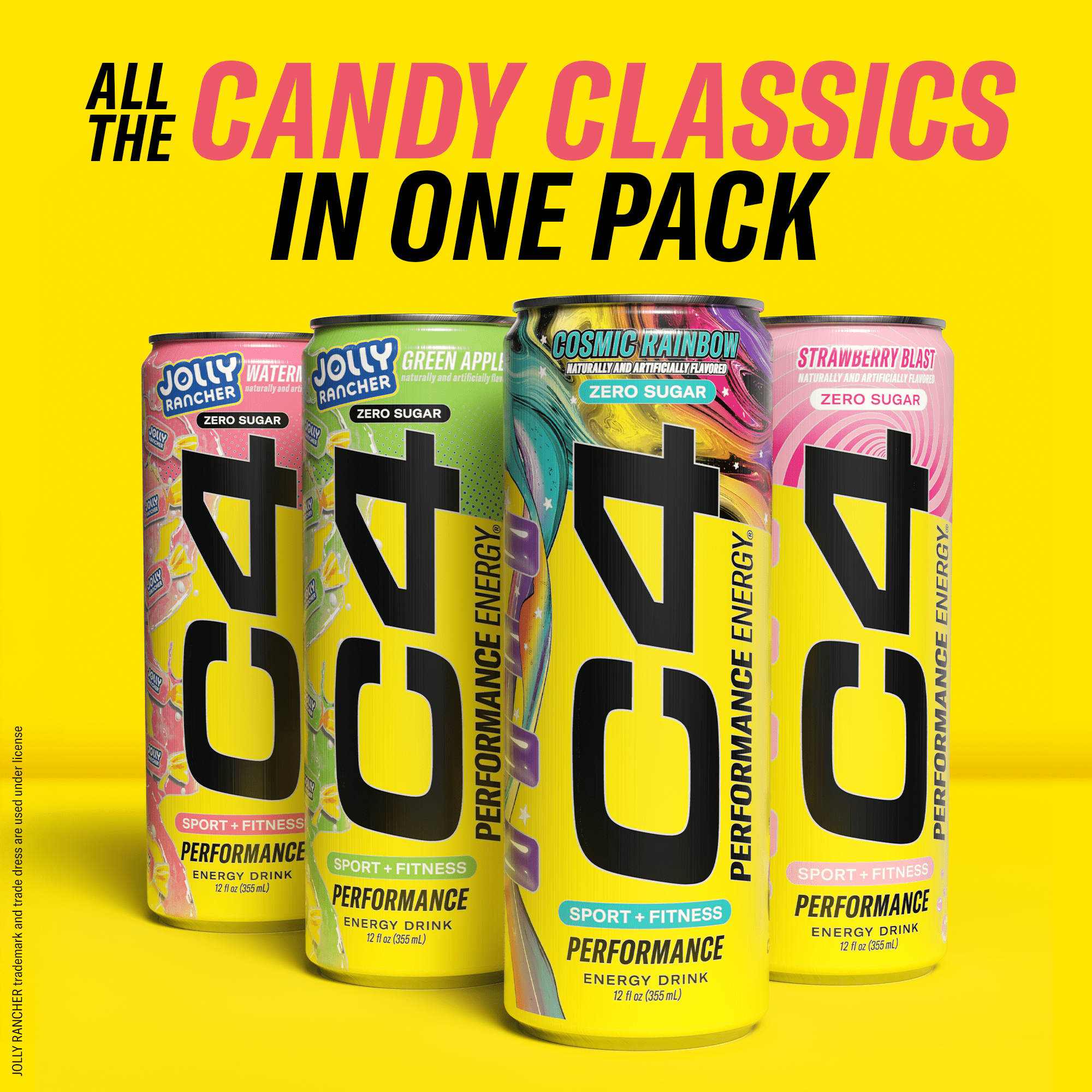 C4 Performance Energy Drink, Jolly Rancher & Candy Variety Pack, Strawberry Blast, Watermelon, Green Apple, & Cosmic Rainbow, 12 fl oz Cans, 12 Pack