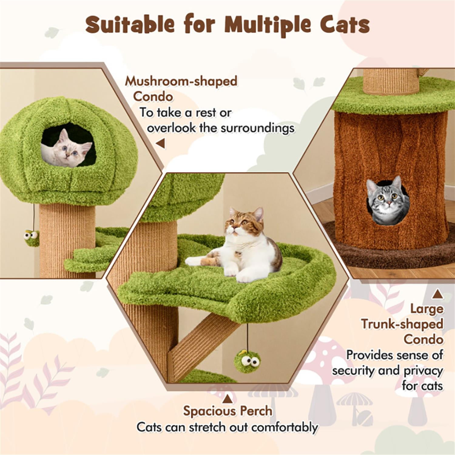 resenkos 58" Cat Tree Tower with 2 Cute Condos for Indoor Cats, Plush Cat House with Plush Perch and Teasing Balls, Brown