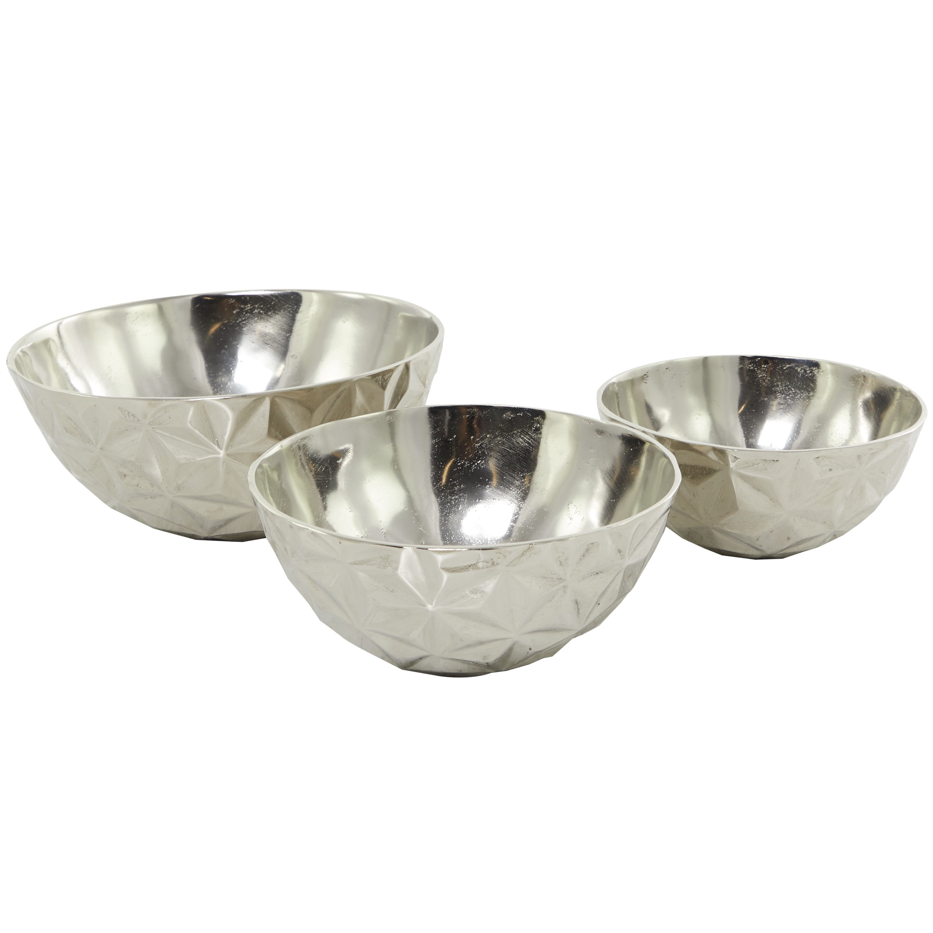 DecMode Modern Aluminum Round Shaped with Faceted Surface Decorative Bowl with Silver Glossy Interior Finish, Set of 3 14", 12", 10"