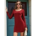 thumbnail image 4 of Womens Dresses U Neck Long Sleeve Casual Ribbed Knit Slim Fitted Basic Bodycon Mini Pencil Dress Red XL, 4 of 9
