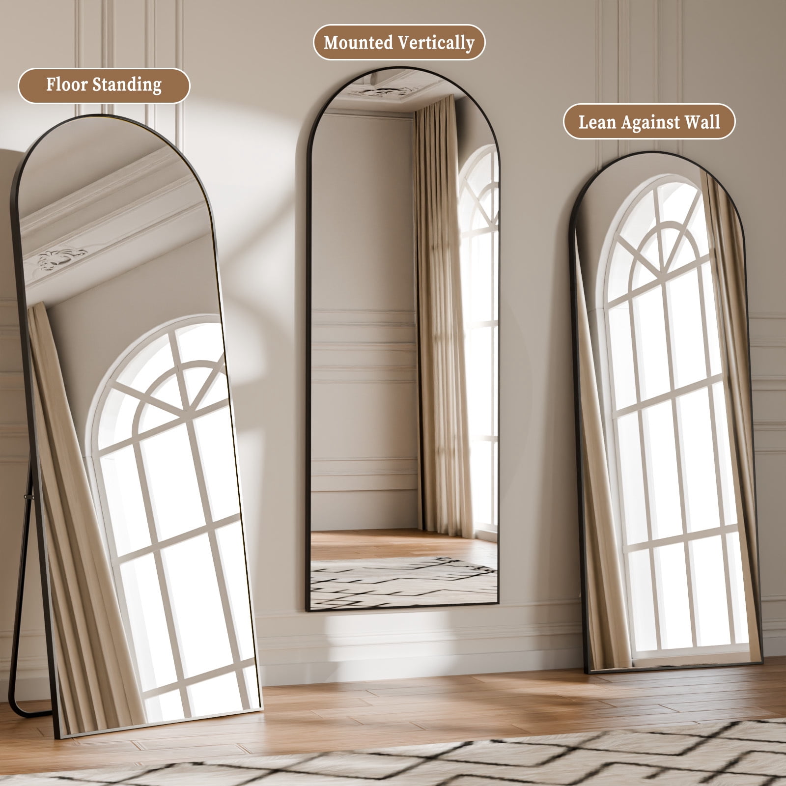 GRAHMCY 78"x35" Arched Full Length Floor Mirror Free-standing Mirror with Aluminum Alloy Frame, Black