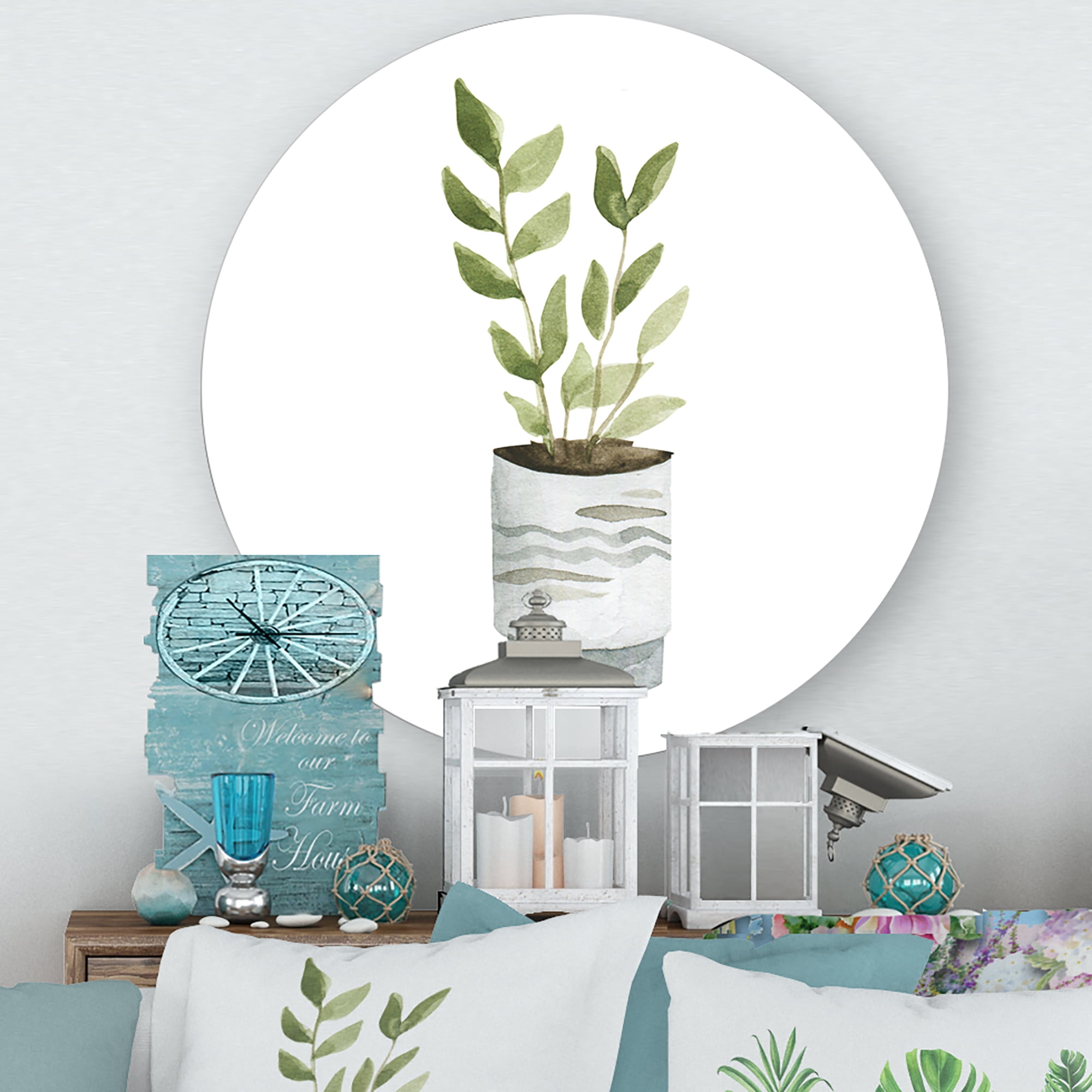 Designart 'Indoor Green Home House Plants in Pots II' Traditional Circle Metal Wall Art 11x11 - Disc of 11