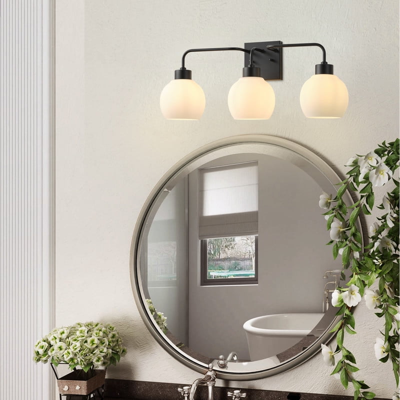 3-Light Black Vanity Light with Frosted Glass Shades, Stylish Bathroom Wall Sconce for Over Mirror, Bedroom (24.6 IN)