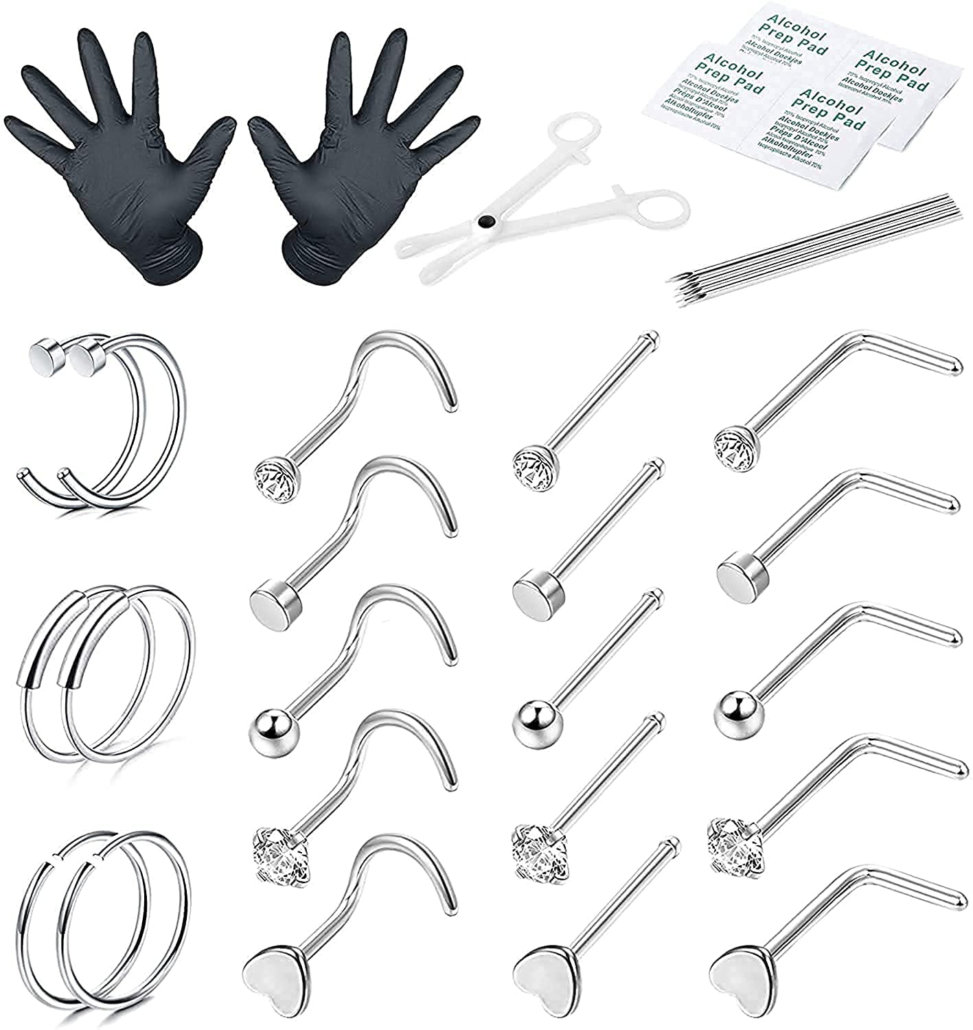 21PCS Nose Piercing Kit 20G Stainless Steel Nose Ring Hoop Ear Studs