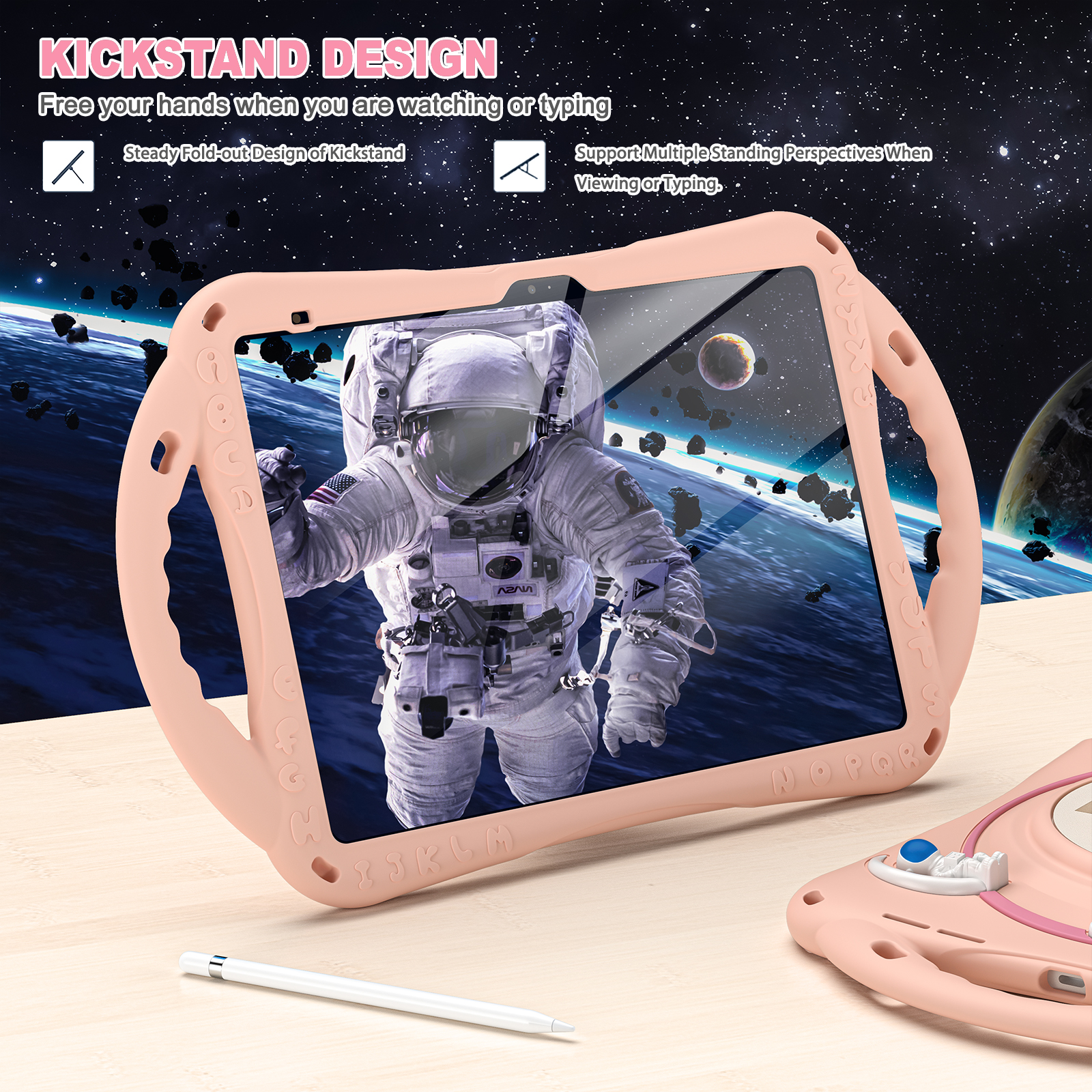ELEHOLD for iPad 6th/5th Generation 9.7 inch Kids Case, Heavy Duty Pencil Cap Holder Kickstand 360° Rotating Hand Strap Carrying Shoulder Strap Shockproof Child-Proof Rugged Case, Pink