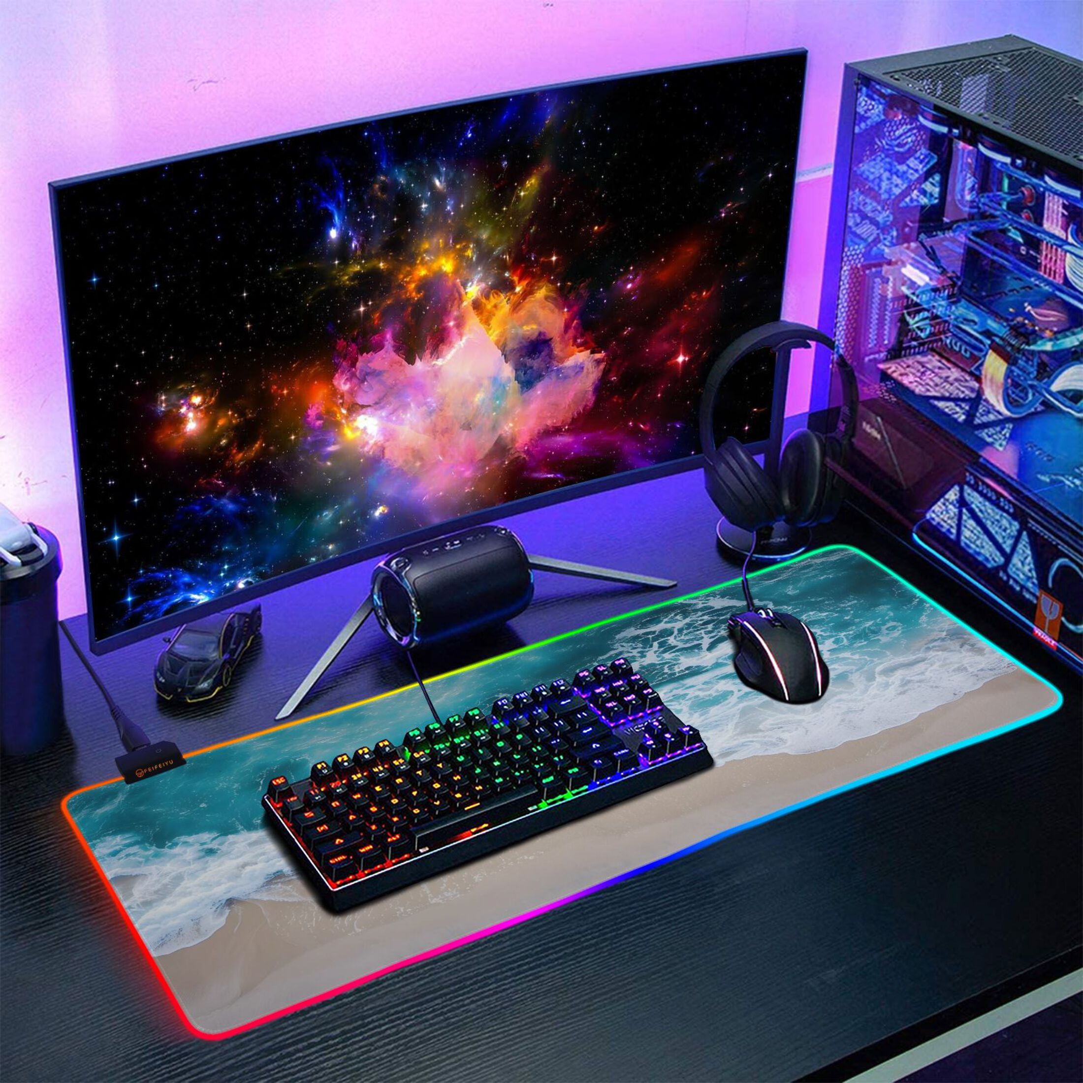 Haosy RGB Led Gaming Mouse Pad Non-Slip Large Keyboard Desk Mat 13 Light Modes 31.5x11.8 inch Beach and Waves
