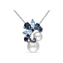 White Freshwater Cultured Pearl with London & Sky-Blue Topaz, Sapphire Pendant Necklace Sterling Silver for Women